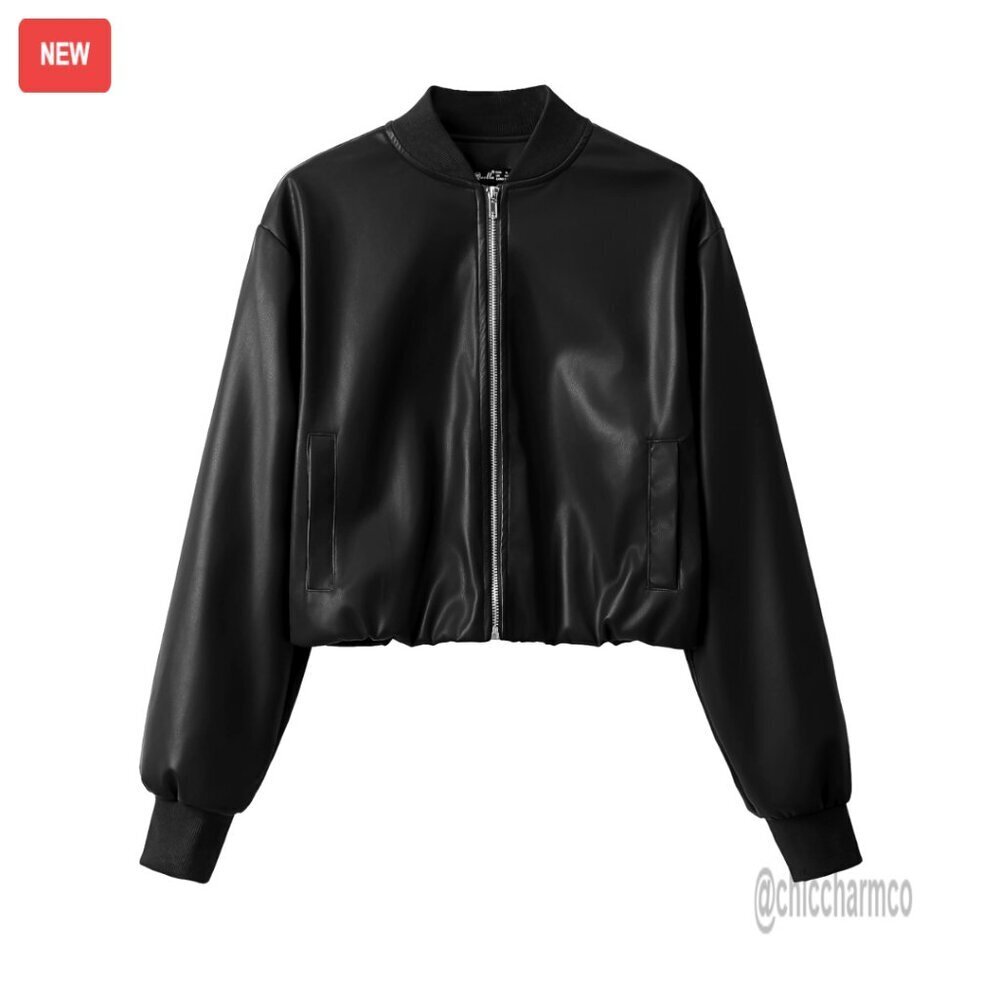 Cropped Faux Leather Baseball Jacket Zip Up Stretch Y2K Chic Casual Outerwear